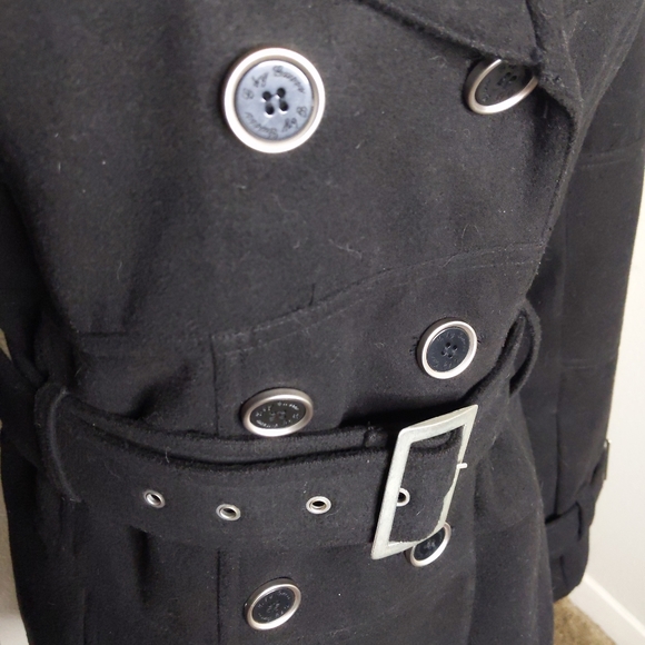 G by Guess Black Peacoat Women’s Large | Oversized Collar Belted Wool Blend Coat - Picture 5 of 10